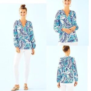 Lilly Pulitzer Elsa Silk Blouse Wave After Wave Women’s M